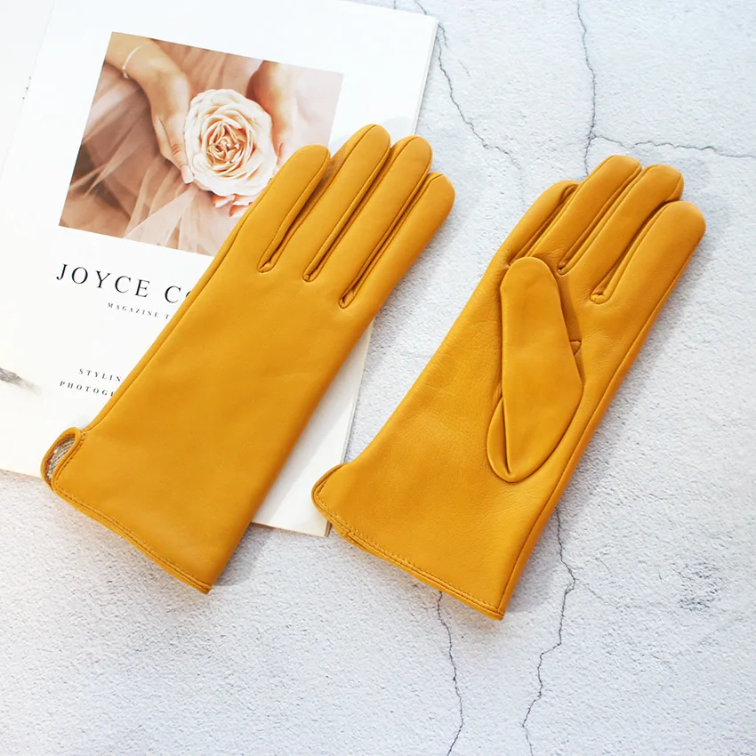 Color Sheepskin Leather Gloves Women's Straight Style Wool Lining Fall/Winter Warm Motorcycle Riding Car Driving Finger Gloves