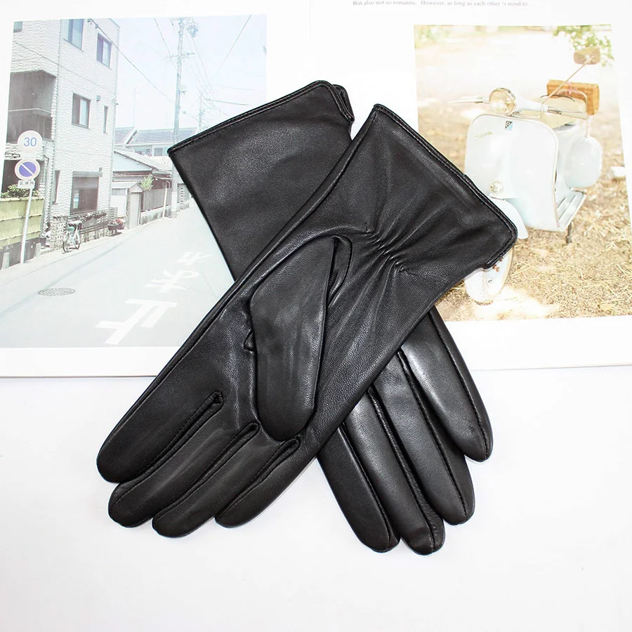 Color Sheepskin Leather Gloves Women's Straight Style Wool Lining Fall/Winter Warm Motorcycle Riding Car Driving Finger Gloves