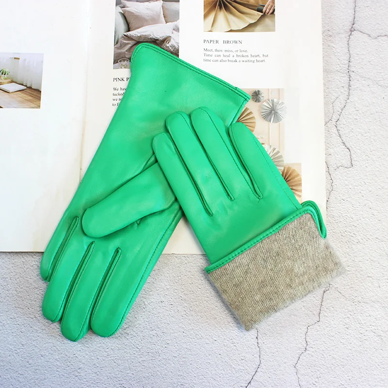 Color Sheepskin Leather Gloves Women's Straight Style Wool Lining Fall/Winter Warm Motorcycle Riding Car Driving Finger Gloves