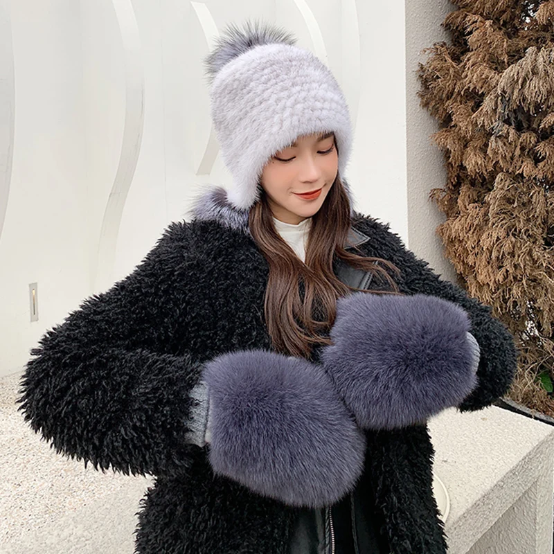 New Women 100% Real Knitted Thick Genuine Fox Fur Mittens Winter Warm Lady Real Fur Gloves Knit Fur Mitten