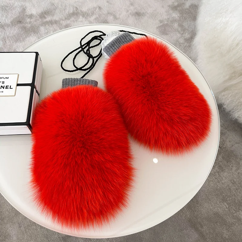 New Women 100% Real Knitted Thick Genuine Fox Fur Mittens Winter Warm Lady Real Fur Gloves Knit Fur Mitten