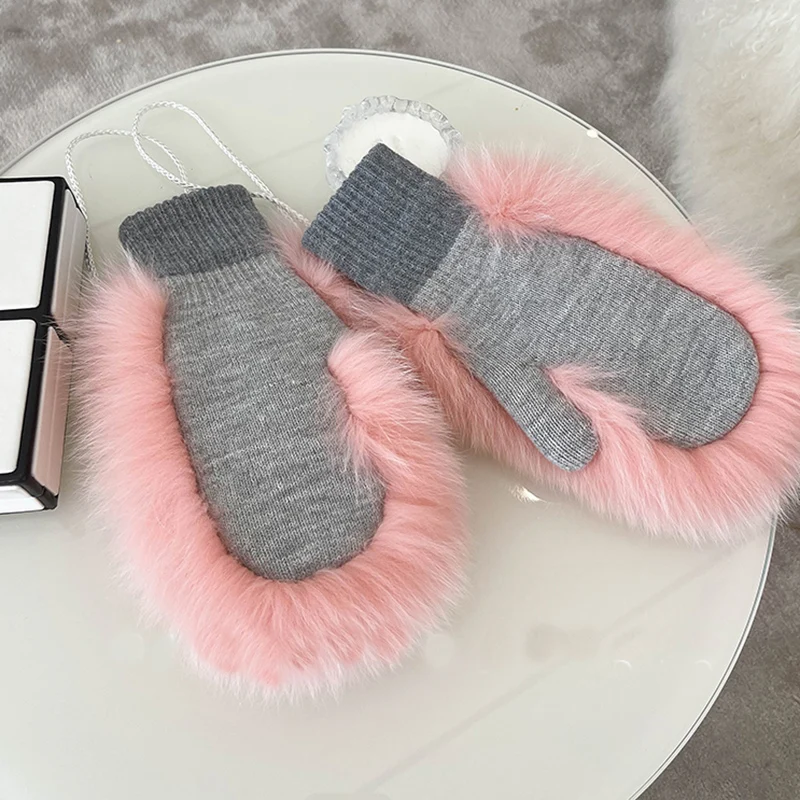 New Women 100% Real Knitted Thick Genuine Fox Fur Mittens Winter Warm Lady Real Fur Gloves Knit Fur Mitten