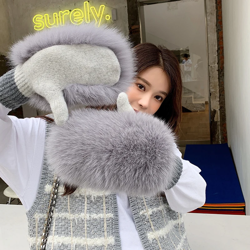 New Women 100% Real Knitted Thick Genuine Fox Fur Mittens Winter Warm Lady Real Fur Gloves Knit Fur Mitten