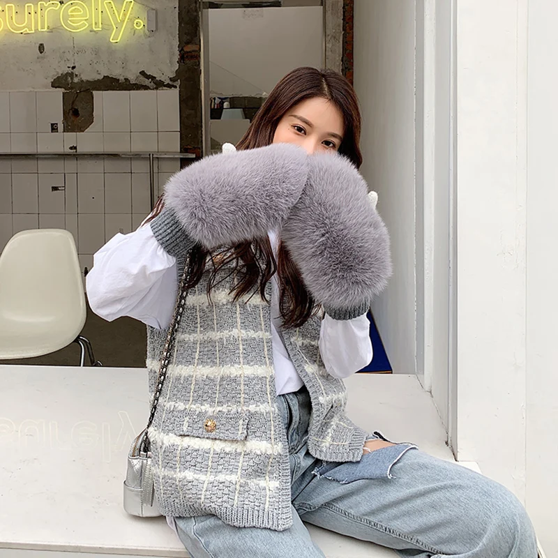 New Women 100% Real Knitted Thick Genuine Fox Fur Mittens Winter Warm Lady Real Fur Gloves Knit Fur Mitten