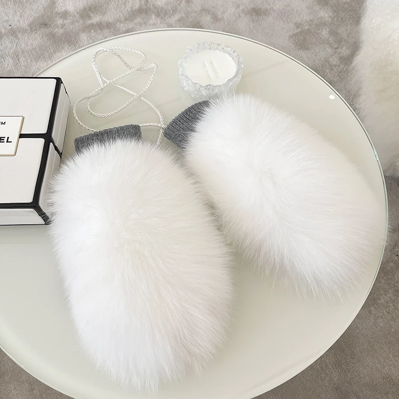 New Women 100% Real Knitted Thick Genuine Fox Fur Mittens Winter Warm Lady Real Fur Gloves Knit Fur Mitten