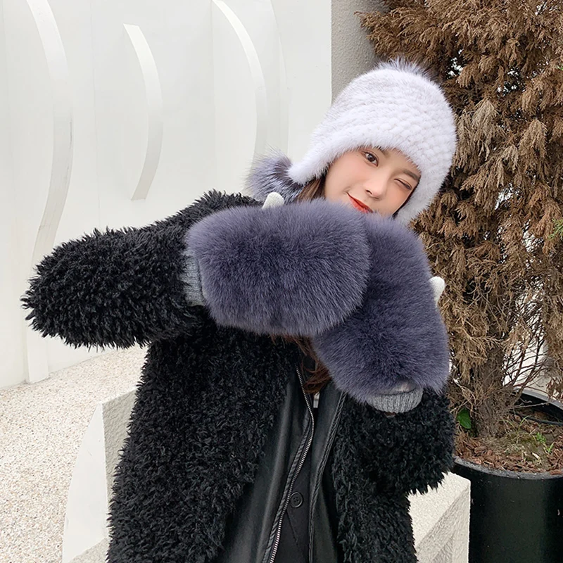 New Women 100% Real Knitted Thick Genuine Fox Fur Mittens Winter Warm Lady Real Fur Gloves Knit Fur Mitten