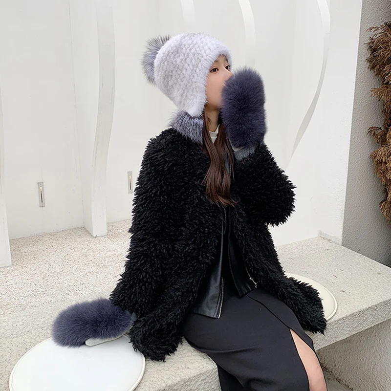 New Women 100% Real Knitted Thick Genuine Fox Fur Mittens Winter Warm Lady Real Fur Gloves Knit Fur Mitten