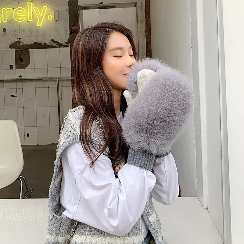 New Women 100% Real Knitted Thick Genuine Fox Fur Mittens Winter Warm Lady Real Fur Gloves Knit Fur Mitten