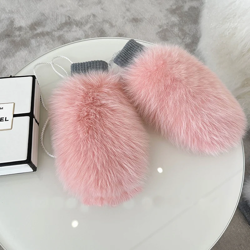 New Women 100% Real Knitted Thick Genuine Fox Fur Mittens Winter Warm Lady Real Fur Gloves Knit Fur Mitten