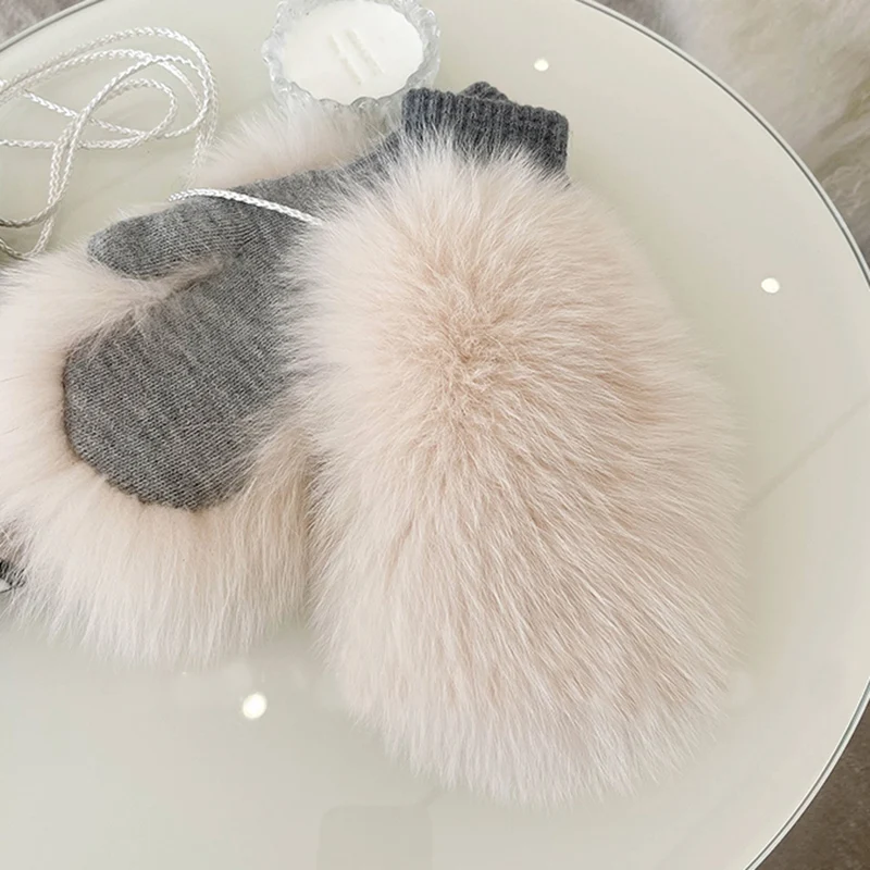 New Women 100% Real Knitted Thick Genuine Fox Fur Mittens Winter Warm Lady Real Fur Gloves Knit Fur Mitten