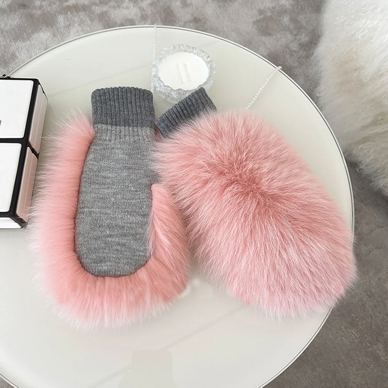 New Women 100% Real Knitted Thick Genuine Fox Fur Mittens Winter Warm Lady Real Fur Gloves Knit Fur Mitten