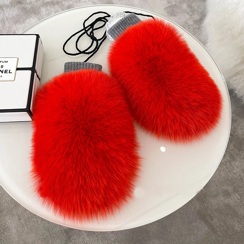 New Women 100% Real Knitted Thick Genuine Fox Fur Mittens Winter Warm Lady Real Fur Gloves Knit Fur Mitten