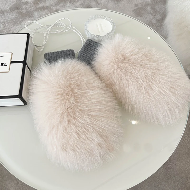 New Women 100% Real Knitted Thick Genuine Fox Fur Mittens Winter Warm Lady Real Fur Gloves Knit Fur Mitten