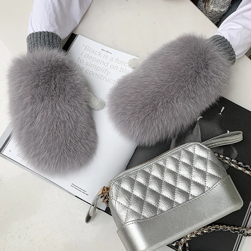 New Women 100% Real Knitted Thick Genuine Fox Fur Mittens Winter Warm Lady Real Fur Gloves Knit Fur Mitten
