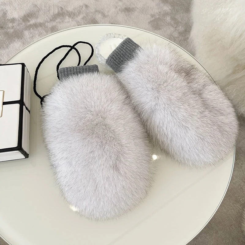 New Women 100% Real Knitted Thick Genuine Fox Fur Mittens Winter Warm Lady Real Fur Gloves Knit Fur Mitten