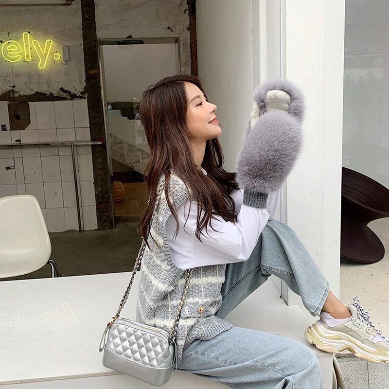 New Women 100% Real Knitted Thick Genuine Fox Fur Mittens Winter Warm Lady Real Fur Gloves Knit Fur Mitten