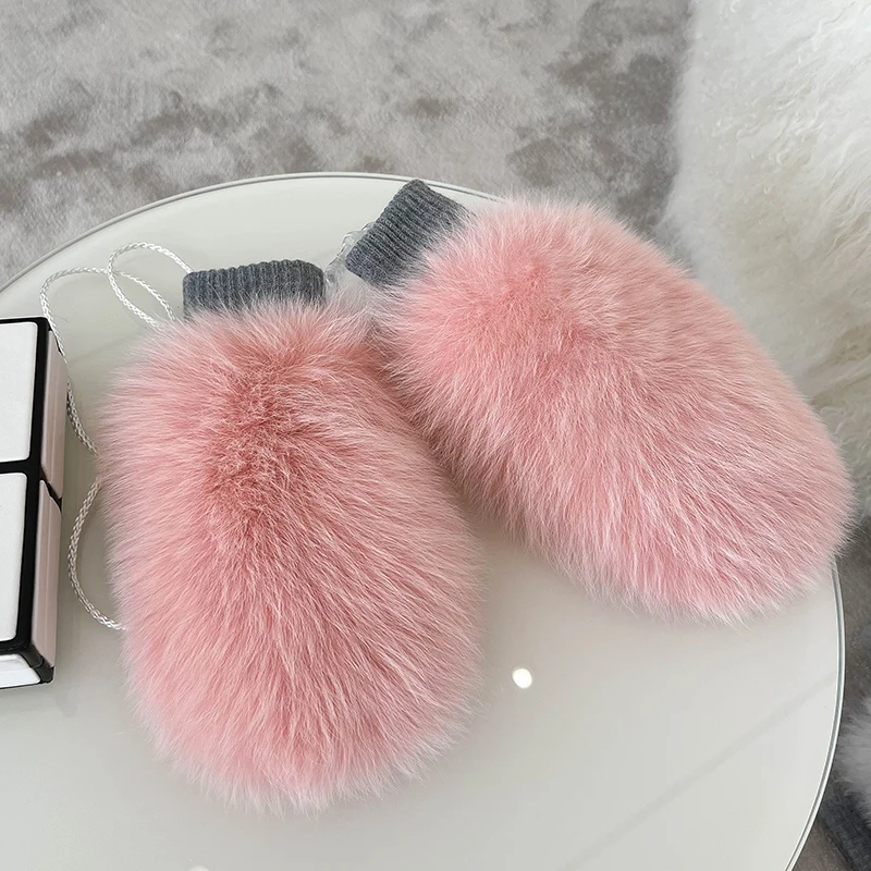 New Women 100% Real Knitted Thick Genuine Fox Fur Mittens Winter Warm Lady Real Fur Gloves Knit Fur Mitten