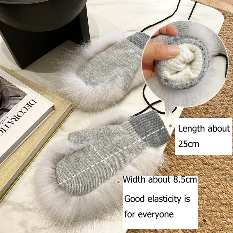 New Women 100% Real Knitted Thick Genuine Fox Fur Mittens Winter Warm Lady Real Fur Gloves Knit Fur Mitten