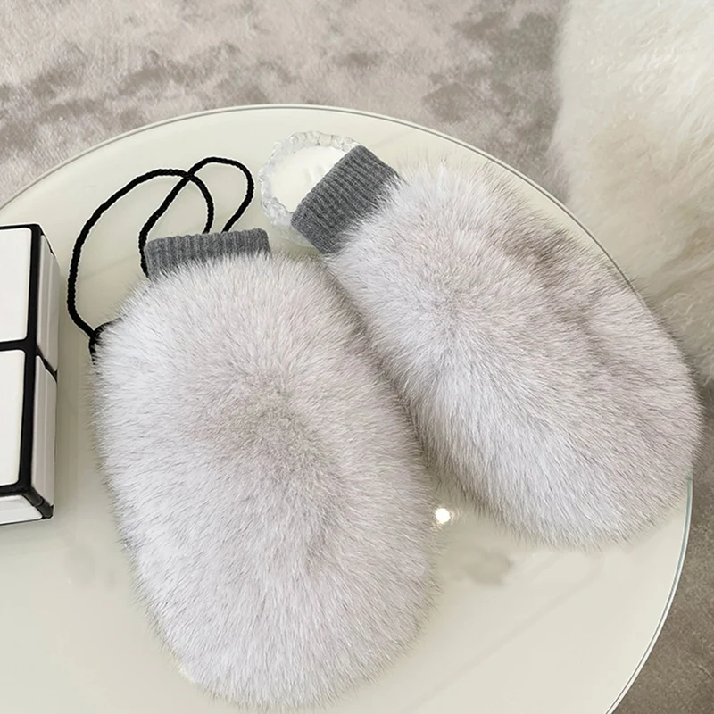 New Women 100% Real Knitted Thick Genuine Fox Fur Mittens Winter Warm Lady Real Fur Gloves Knit Fur Mitten
