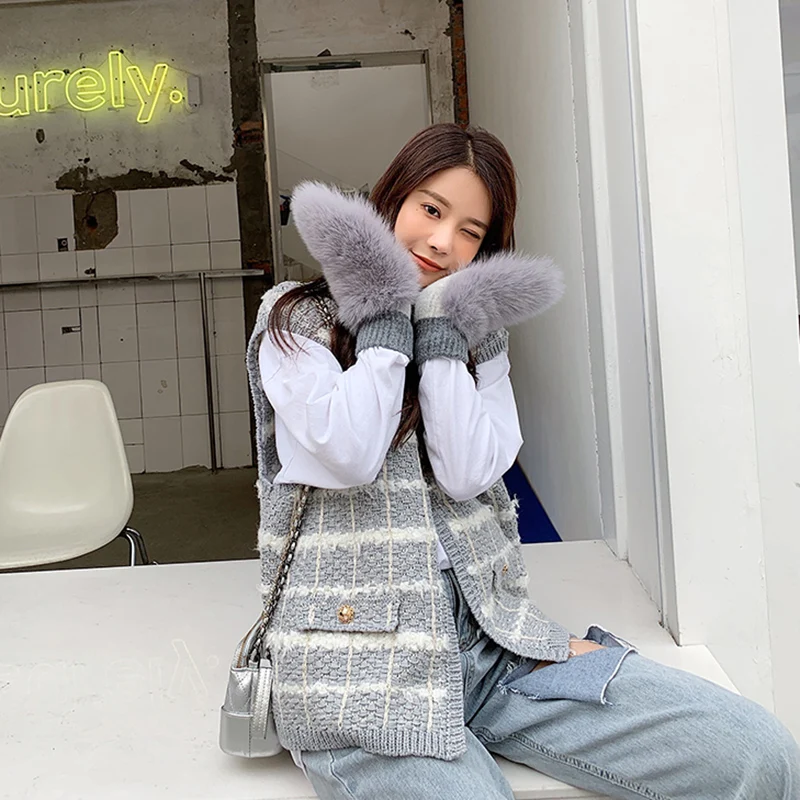 New Women 100% Real Knitted Thick Genuine Fox Fur Mittens Winter Warm Lady Real Fur Gloves Knit Fur Mitten