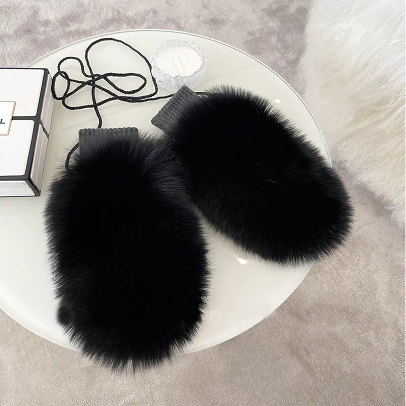 New Women 100% Real Knitted Thick Genuine Fox Fur Mittens Winter Warm Lady Real Fur Gloves Knit Fur Mitten