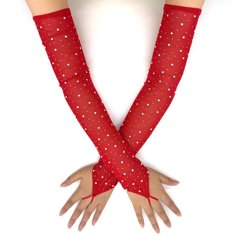 49CM Women Fashion Electronic Music Festival Sexy Mesh Shiny Hook Finger Gloves Elasticity Thin Cosplay Stage Performance