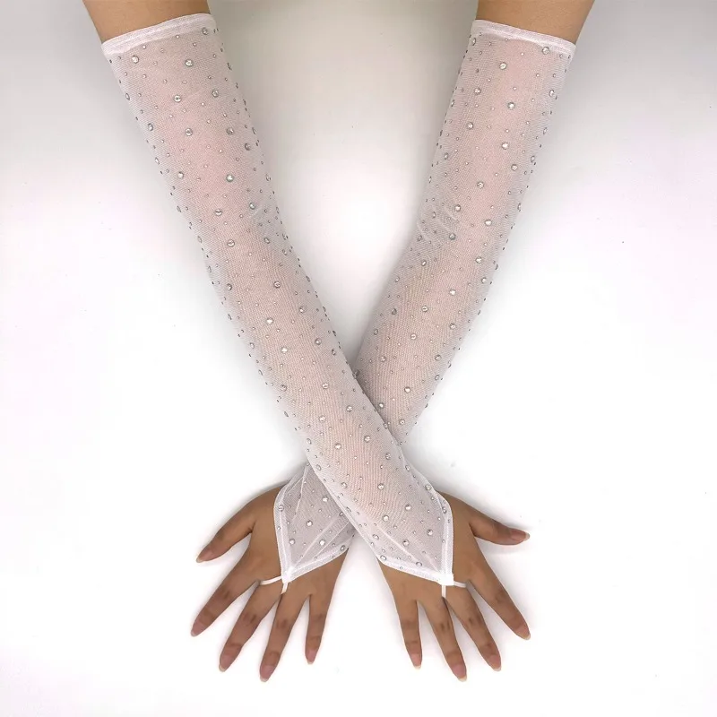 49CM Women Fashion Electronic Music Festival Sexy Mesh Shiny Hook Finger Gloves Elasticity Thin Cosplay Stage Performance