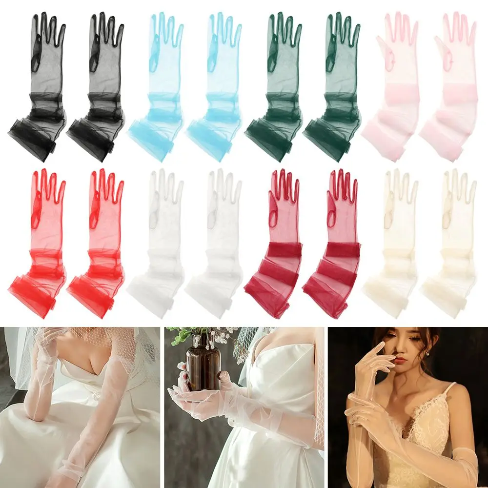Women Sexy Lace Gloves White Mesh Tulle Gloves Lady Vintage Wedding Mittens For Lady Driving Gloves Thin Elbow Long Gloves