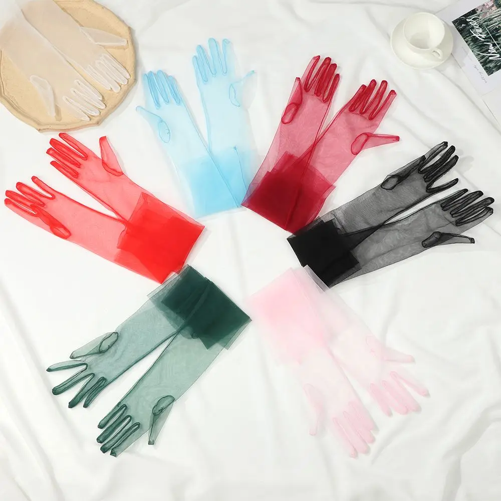 Women Sexy Lace Gloves White Mesh Tulle Gloves Lady Vintage Wedding Mittens For Lady Driving Gloves Thin Elbow Long Gloves