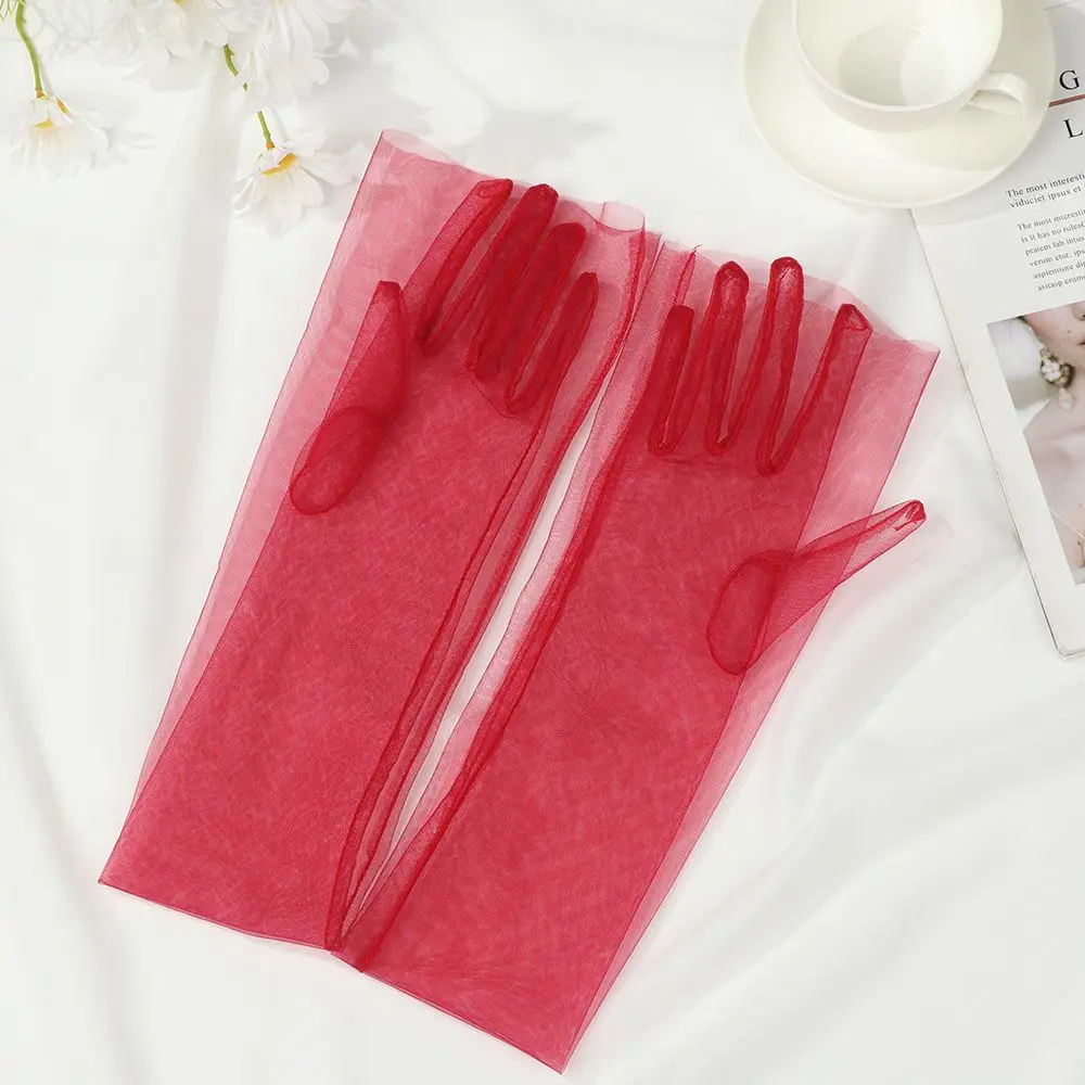 Women Sexy Lace Gloves White Mesh Tulle Gloves Lady Vintage Wedding Mittens For Lady Driving Gloves Thin Elbow Long Gloves