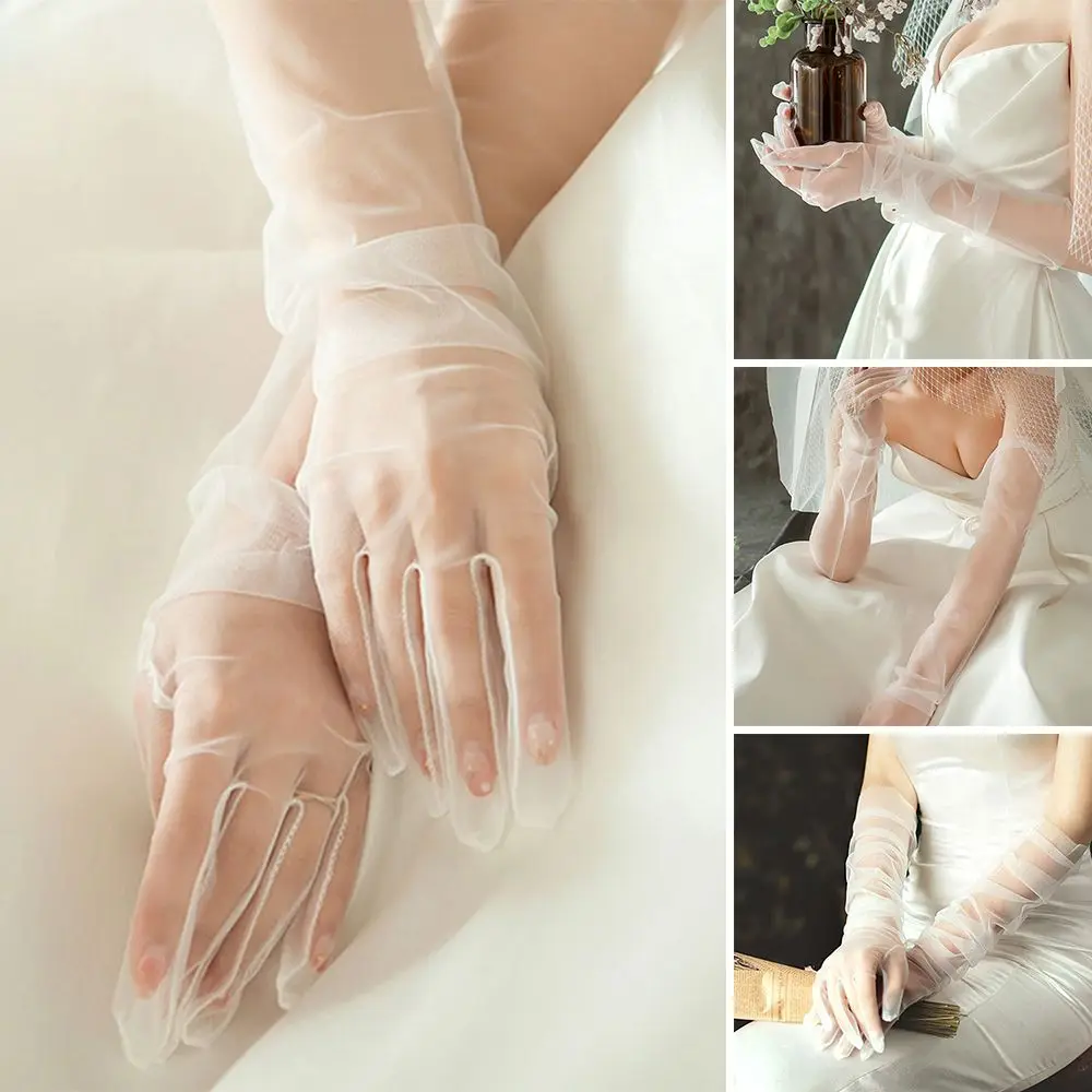 Women Sexy Lace Gloves White Mesh Tulle Gloves Lady Vintage Wedding Mittens For Lady Driving Gloves Thin Elbow Long Gloves