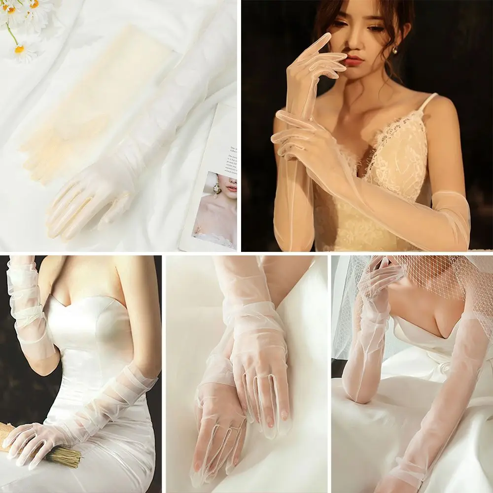 Women Sexy Lace Gloves White Mesh Tulle Gloves Lady Vintage Wedding Mittens For Lady Driving Gloves Thin Elbow Long Gloves
