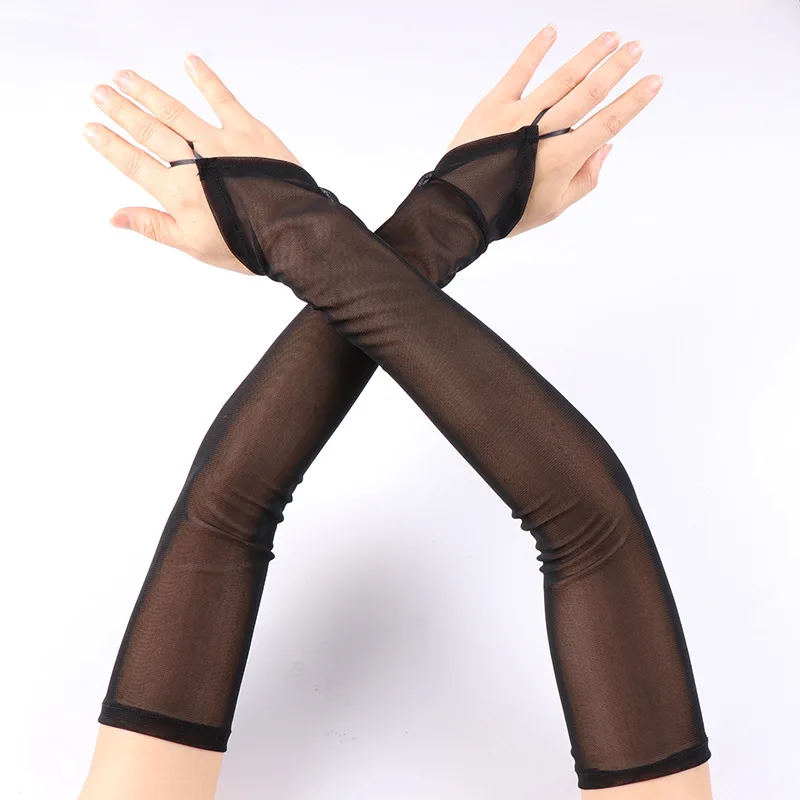 Elastic Thin Mesh Transparent Long Sexy Lace Gloves Summer Hook Finger Sunscreen Arm Sleeve Women Outdoor Driving Mittens