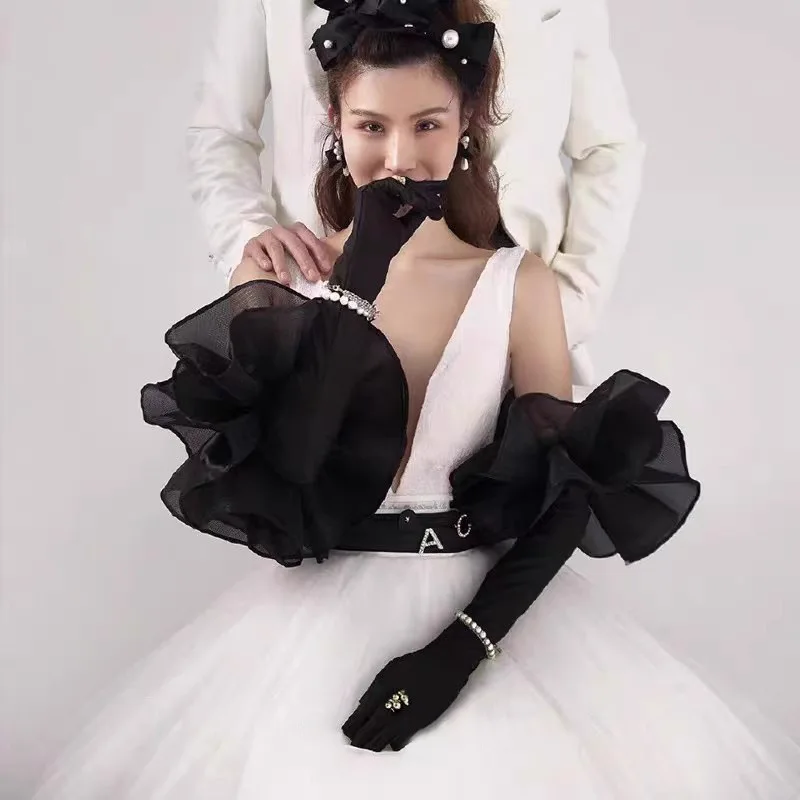 Women Sexy Elegant Dinner Dress Short Gloves Driving Gloves Banquet Velvet Wedding Mittens Party Lace Long Gloves Bridal