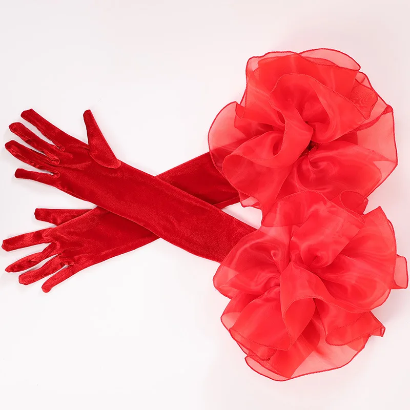 Women Sexy Elegant Dinner Dress Short Gloves Driving Gloves Banquet Velvet Wedding Mittens Party Lace Long Gloves Bridal
