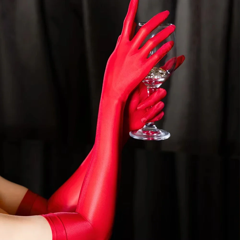 Women Sexy Smooth Oil Glossy Long Gloves Thin Sheer Seamless Mittens High Stretch Tight Stocking Gloves Transparent Accessories