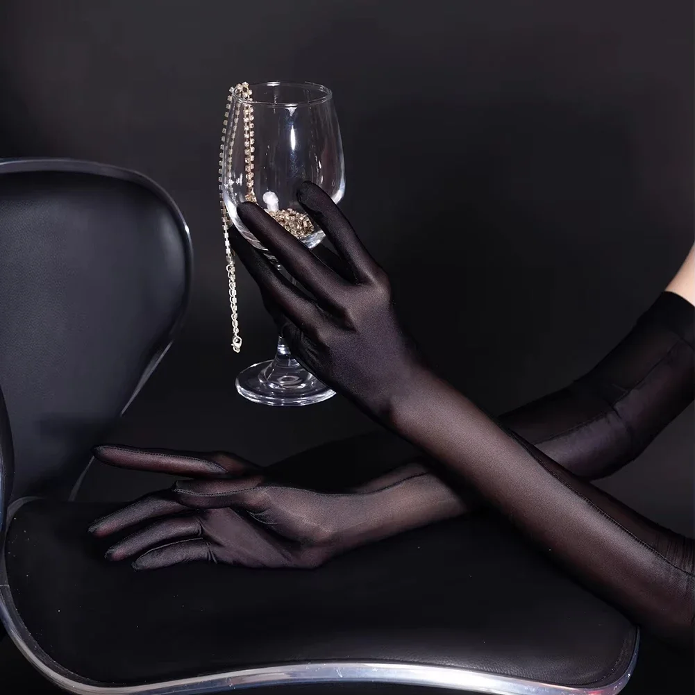 Women Sexy Smooth Oil Glossy Long Gloves Thin Sheer Seamless Mittens High Stretch Tight Stocking Gloves Transparent Accessories