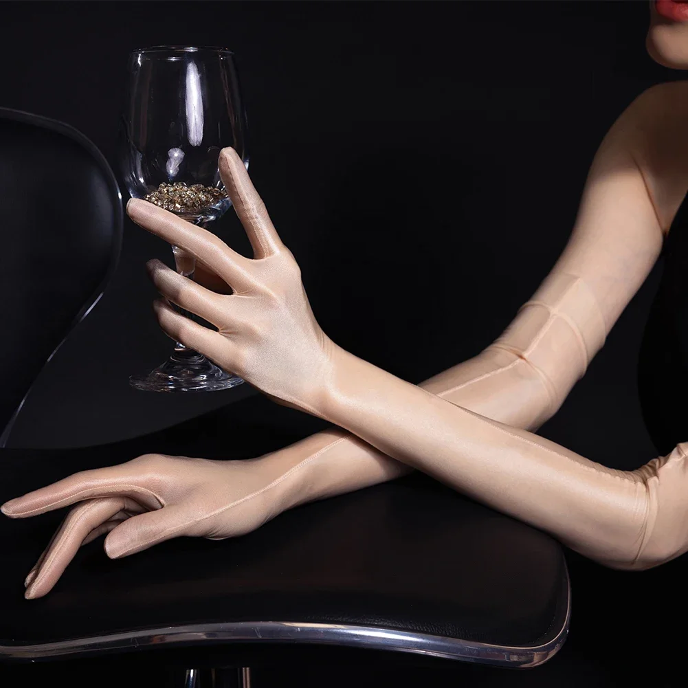 Women Sexy Smooth Oil Glossy Long Gloves Thin Sheer Seamless Mittens High Stretch Tight Stocking Gloves Transparent Accessories