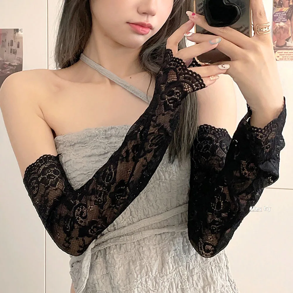 New Women Summer Black White Lace Flowers Arm Sleeves Elastic Driving Gloves Elegant Long Fingerless Mittens Sunscreen Gloves