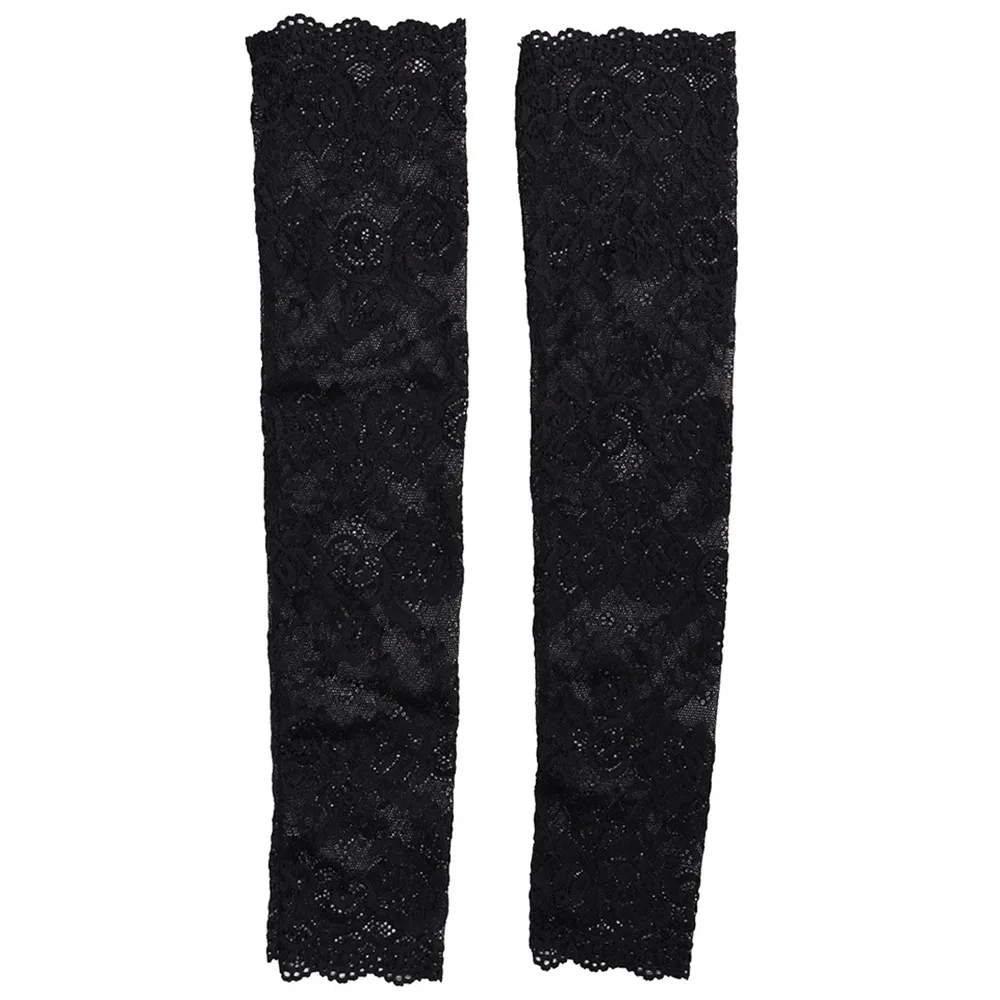 New Women Summer Black White Lace Flowers Arm Sleeves Elastic Driving Gloves Elegant Long Fingerless Mittens Sunscreen Gloves
