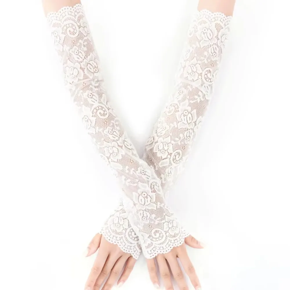 New Women Summer Black White Lace Flowers Arm Sleeves Elastic Driving Gloves Elegant Long Fingerless Mittens Sunscreen Gloves