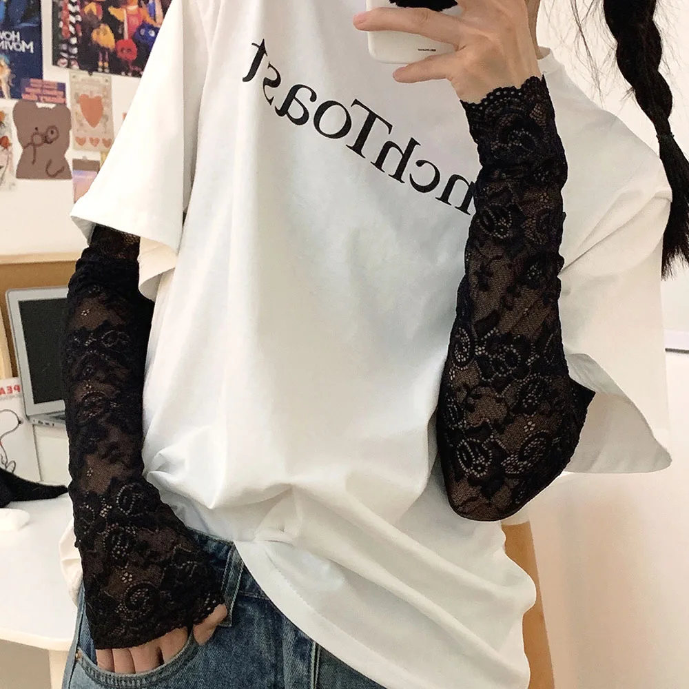 New Women Summer Black White Lace Flowers Arm Sleeves Elastic Driving Gloves Elegant Long Fingerless Mittens Sunscreen Gloves