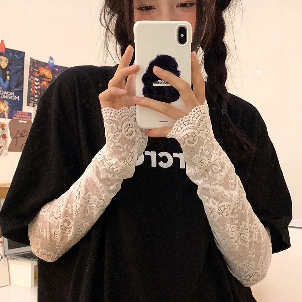 New Women Summer Black White Lace Flowers Arm Sleeves Elastic Driving Gloves Elegant Long Fingerless Mittens Sunscreen Gloves
