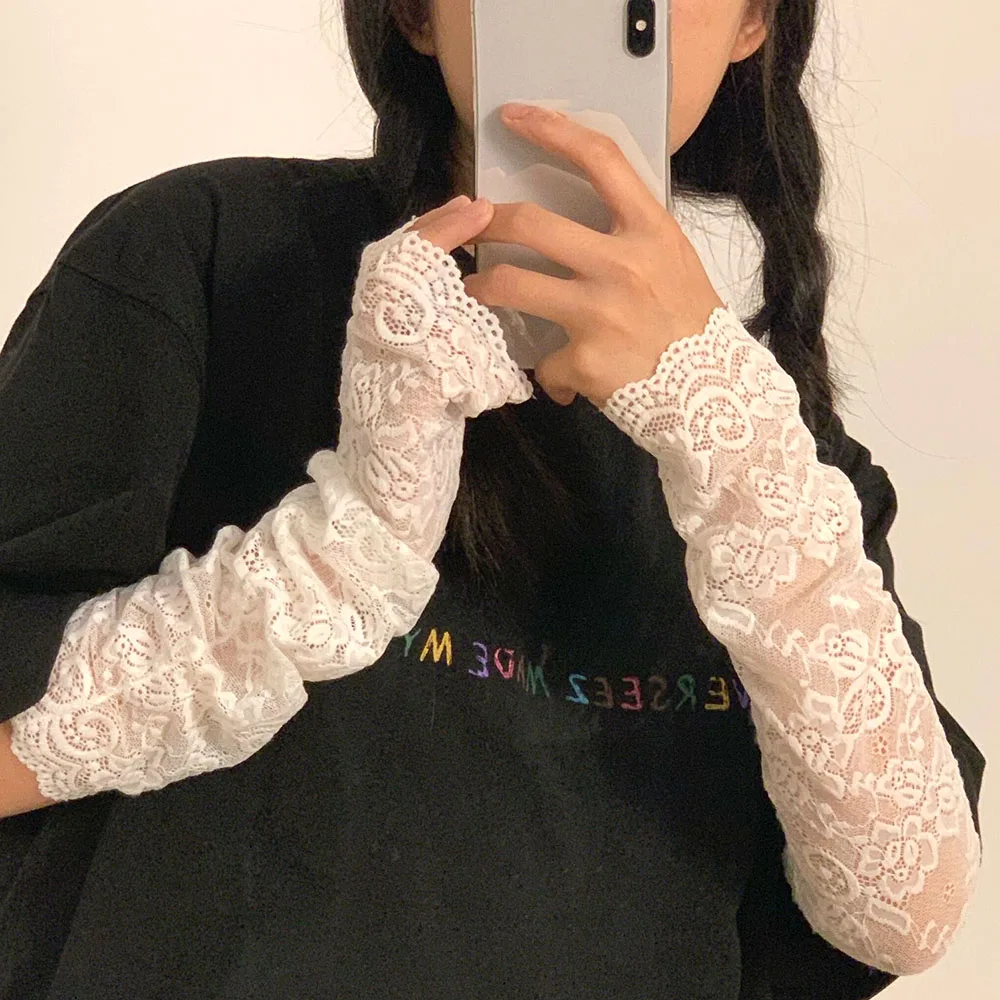 New Women Summer Black White Lace Flowers Arm Sleeves Elastic Driving Gloves Elegant Long Fingerless Mittens Sunscreen Gloves