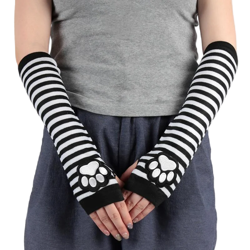 Unisex Black Fingerless Gloves Y2K Gothic Lolita Arm Cover Cute Cat Claw Paw Warmer Striped Sleeves Gloves Long Tube for Women