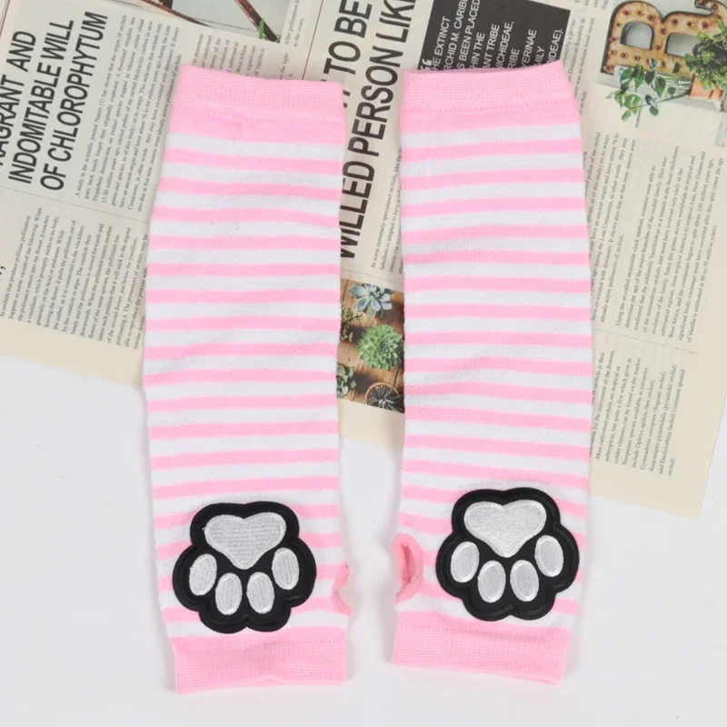 Unisex Black Fingerless Gloves Y2K Gothic Lolita Arm Cover Cute Cat Claw Paw Warmer Striped Sleeves Gloves Long Tube for Women