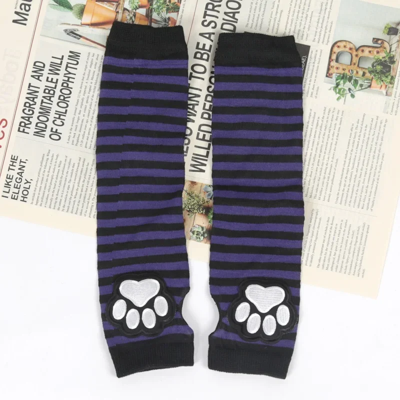 Unisex Black Fingerless Gloves Y2K Gothic Lolita Arm Cover Cute Cat Claw Paw Warmer Striped Sleeves Gloves Long Tube for Women