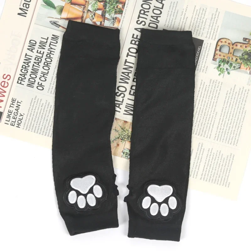Unisex Black Fingerless Gloves Y2K Gothic Lolita Arm Cover Cute Cat Claw Paw Warmer Striped Sleeves Gloves Long Tube for Women