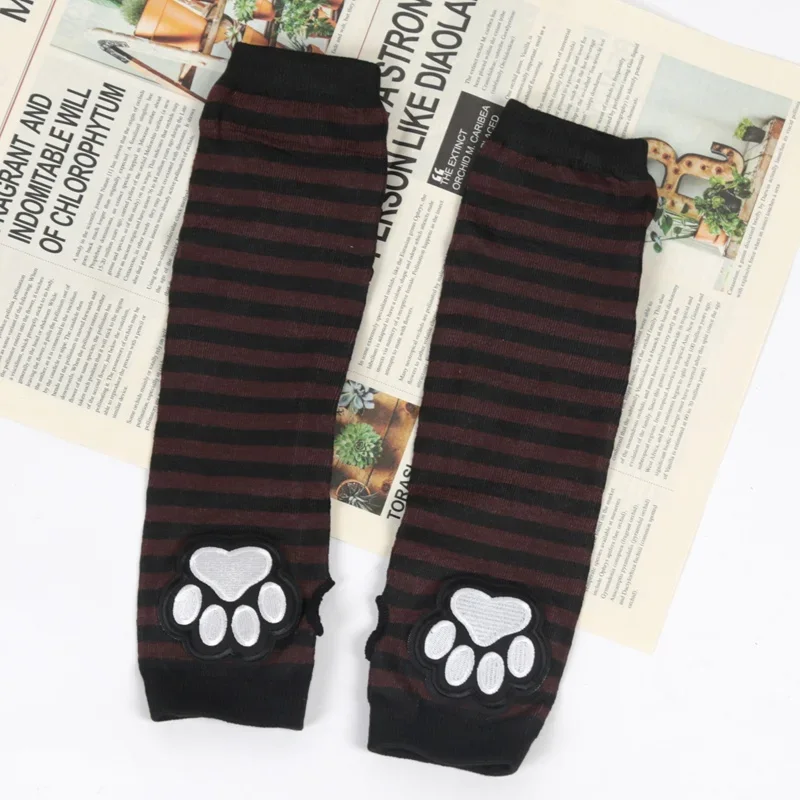Unisex Black Fingerless Gloves Y2K Gothic Lolita Arm Cover Cute Cat Claw Paw Warmer Striped Sleeves Gloves Long Tube for Women