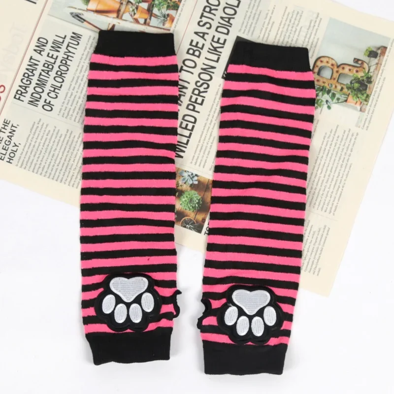Unisex Black Fingerless Gloves Y2K Gothic Lolita Arm Cover Cute Cat Claw Paw Warmer Striped Sleeves Gloves Long Tube for Women